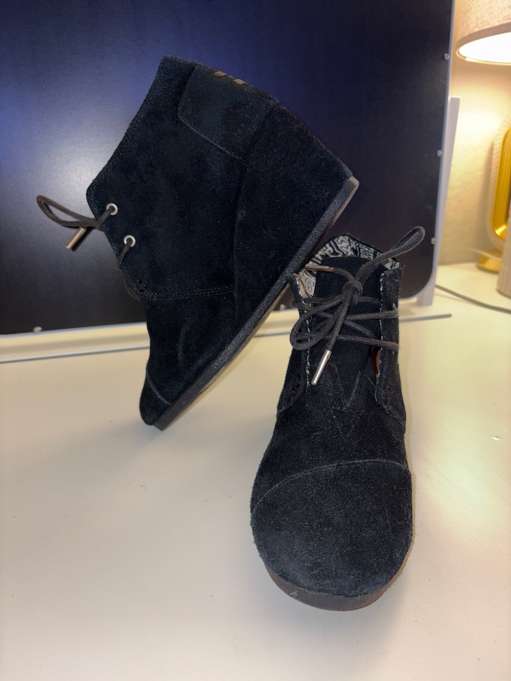 Toms Black Suede Lace-Up Wedge Ankle Booties